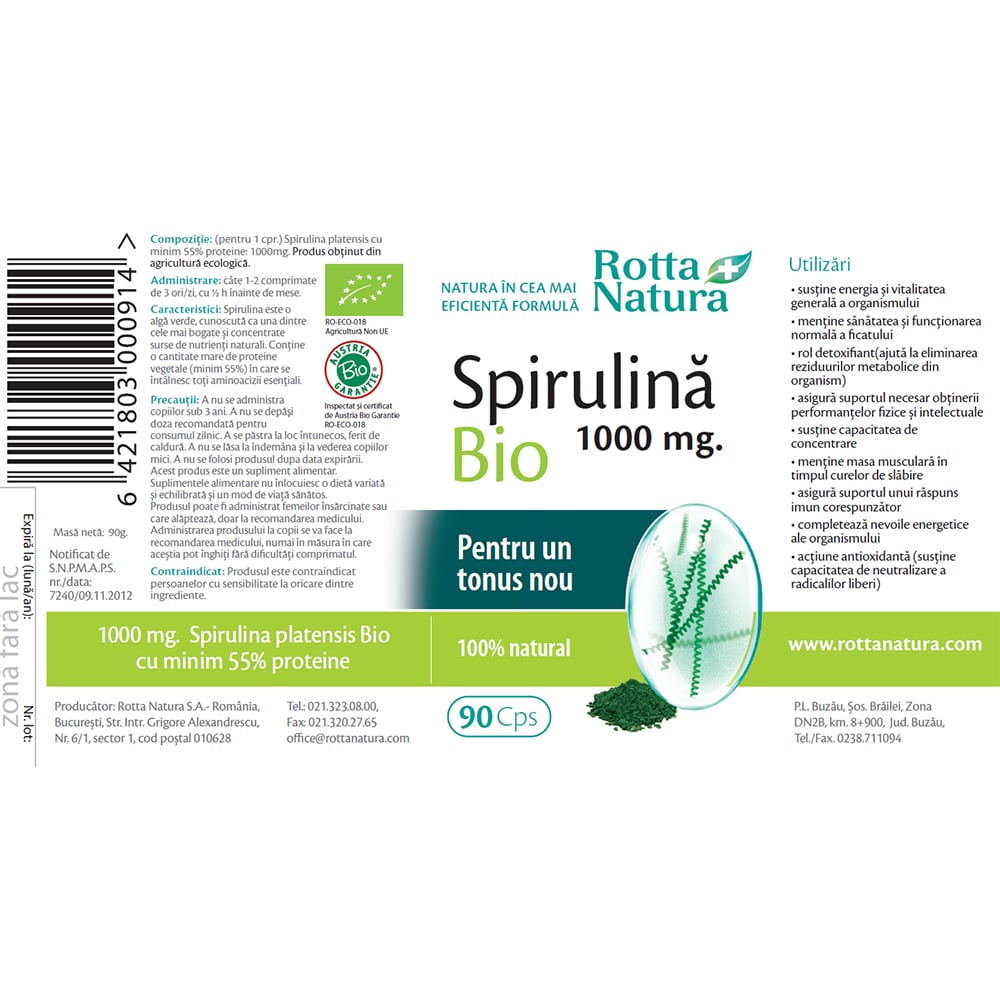 Supliment alimentar Spirulina Bio 1000mg, 90 comprimate, ROTTA NATURA