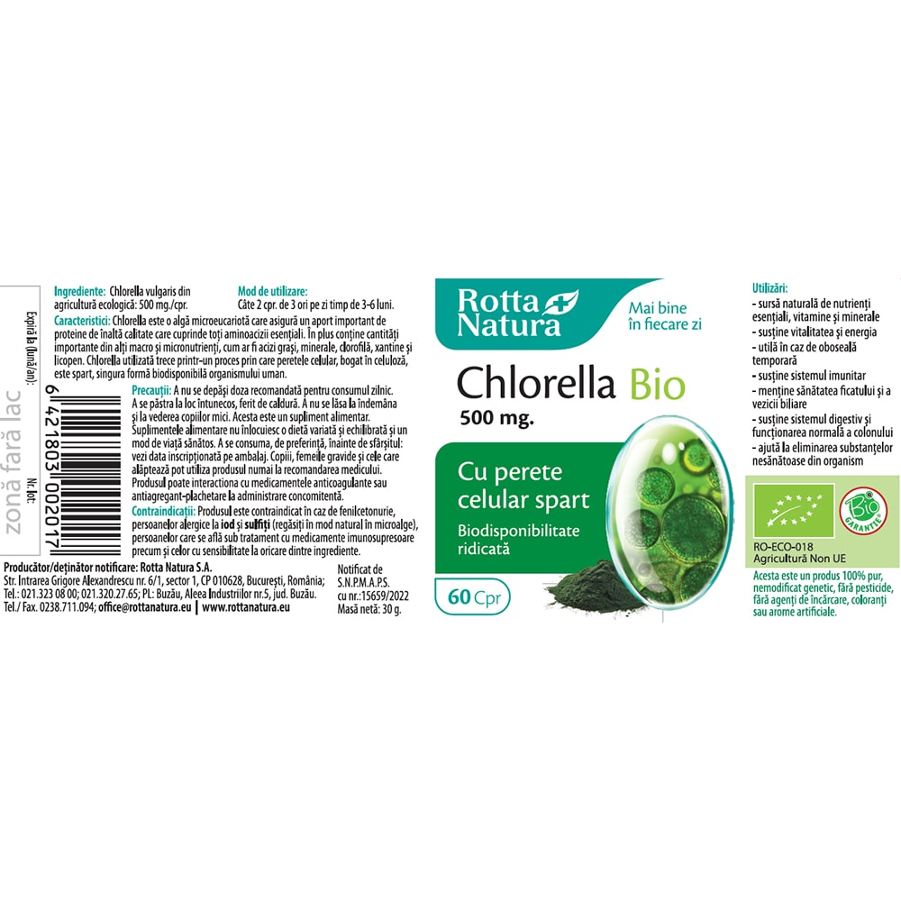Supliment alimentar Chlorella Bio 500mg, 60 comprimate, ROTTA NATURA