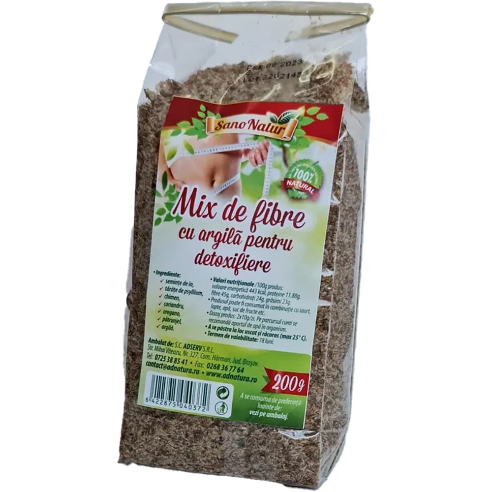 Mix de fibra cu argila pentru detoxifiere Sano Natur, 200 g, ADNATURA