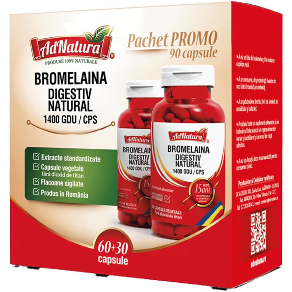 Supliment alimentar Bromelaina Digestiv Natural 1400 GDU pachet, 60+30 capsule, ADNATURA