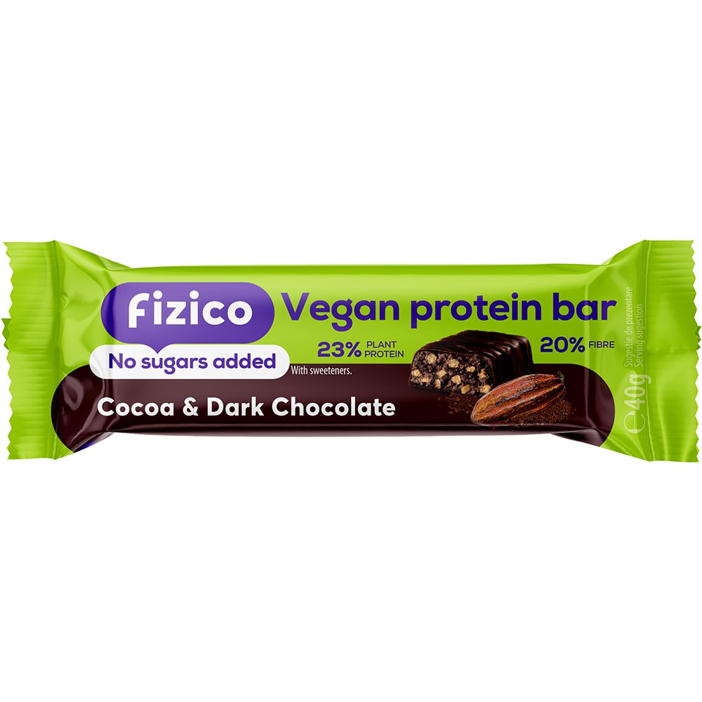 Baton proteic vegan cu cacao si ciocolata neagra Fizico, 28 buc x 40g, SLY NUTRITIE