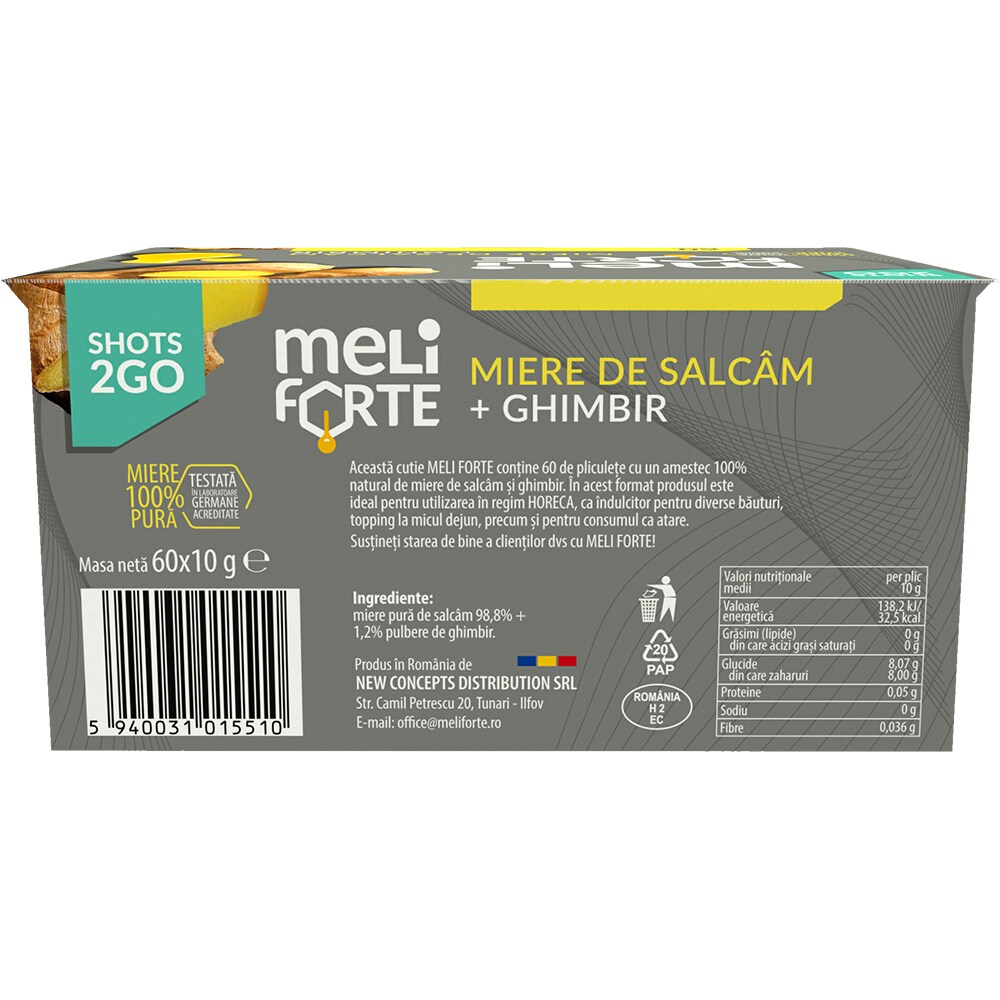 Pachet 2 x Miere de salcam si ghimbir x 12 plicuri, 240 g, MELIFORTE