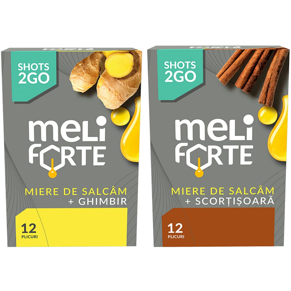 Pachet Miere de salcam si ghimbir x 12 plicuri + Miere de salcam si scortisoara x 12 plicuri, MELIFORTE