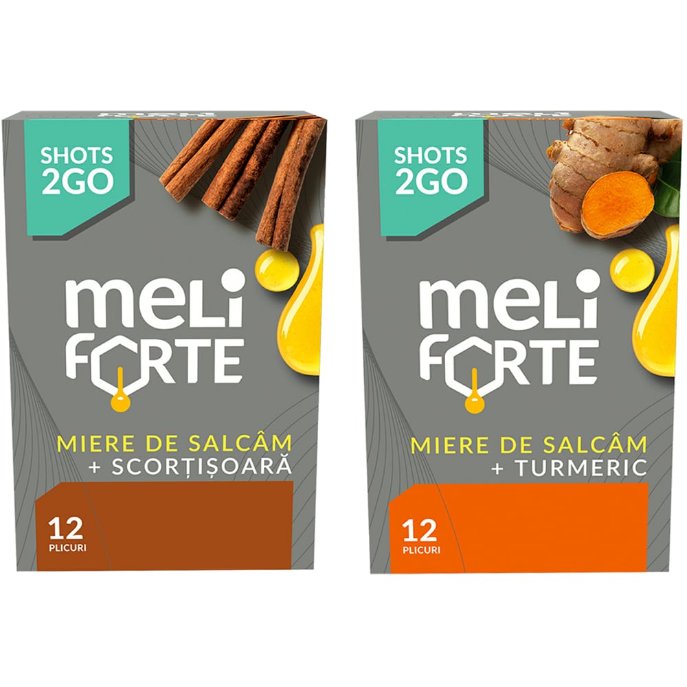 Pachet Miere de salcam si scortisoara x 12 plicuri + Miere de salcam si turmeric x 12 plicuri, MELIFORTE
