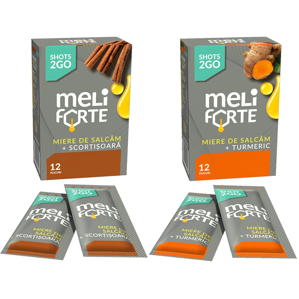 Pachet Miere de salcam si scortisoara x 12 plicuri + Miere de salcam si turmeric x 12 plicuri, MELIFORTE