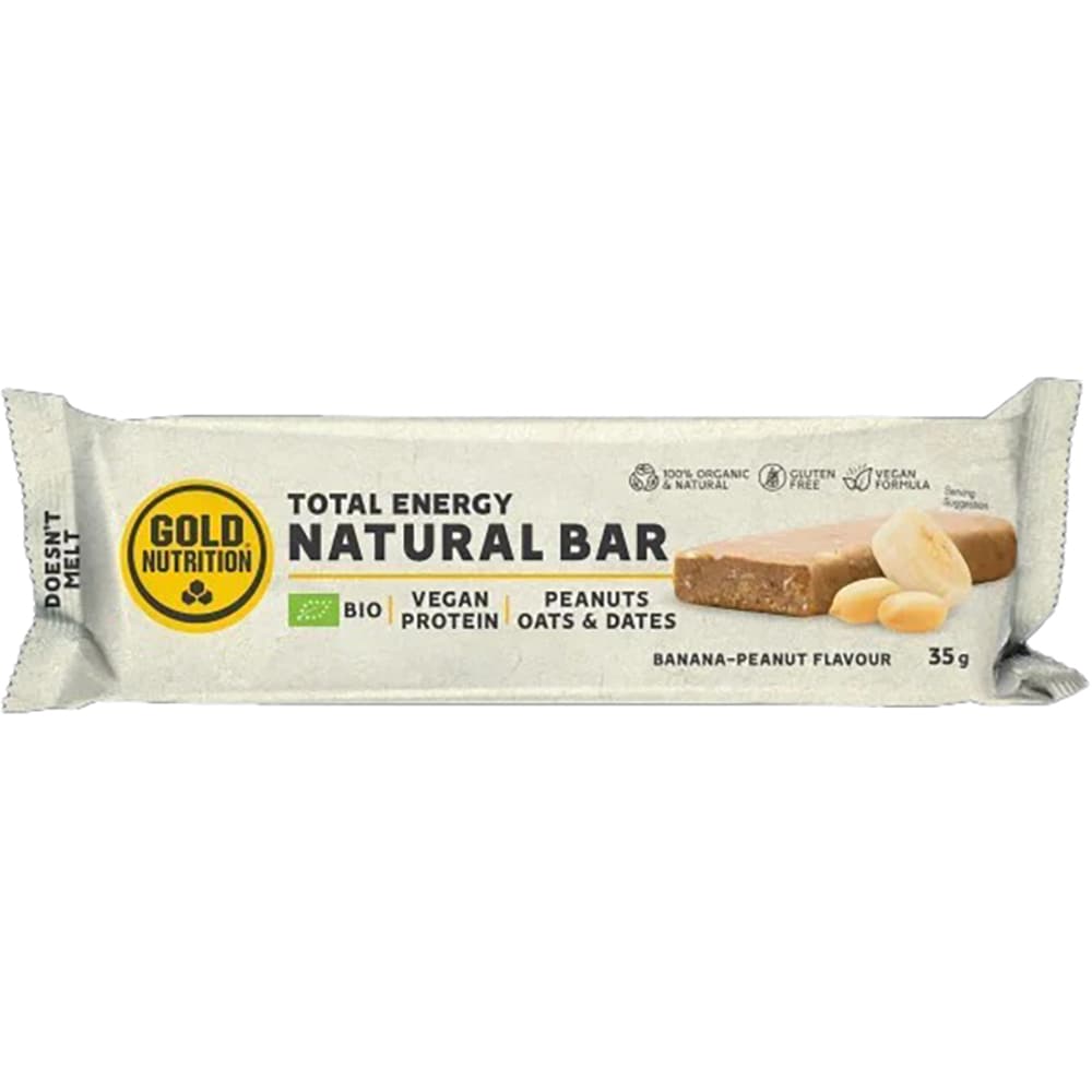Baton Bio natural cu Banane si Arahide, 35 g x 15 bucati, GOLDNUTRITION