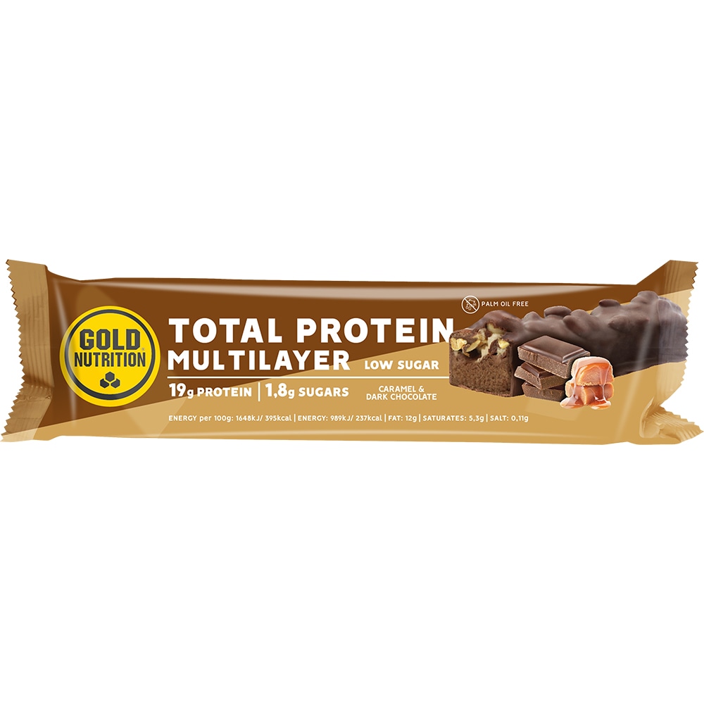 Baton proteic Total Protein Multilayer Low Sugar, caramel si ciocolata neagra, 60 g x 10 buc, GOLDNUTRITION
