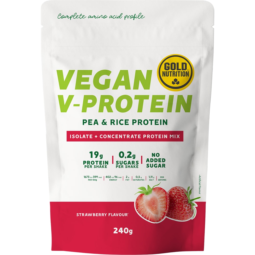 Pudra proteica vegetala V-Protein, capsuni, 240 g, GOLDNUTRITION