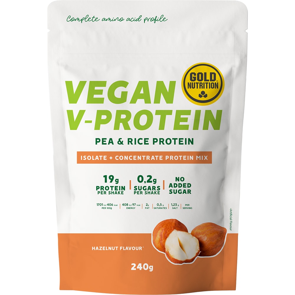 Pudra proteica vegetala V-Protein, alune de padure, 240 g, GOLDNUTRITION