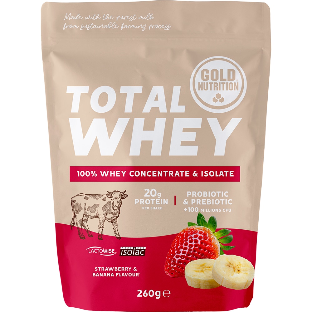 Pudra proteica Total Whey, capsuni si banane, 260 g, GOLDNUTRITION