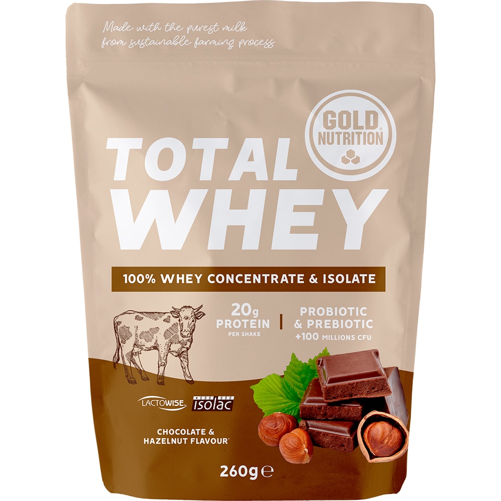 Pudra proteica Total Whey, ciocolata si alune, 260 g, GOLDNUTRITION