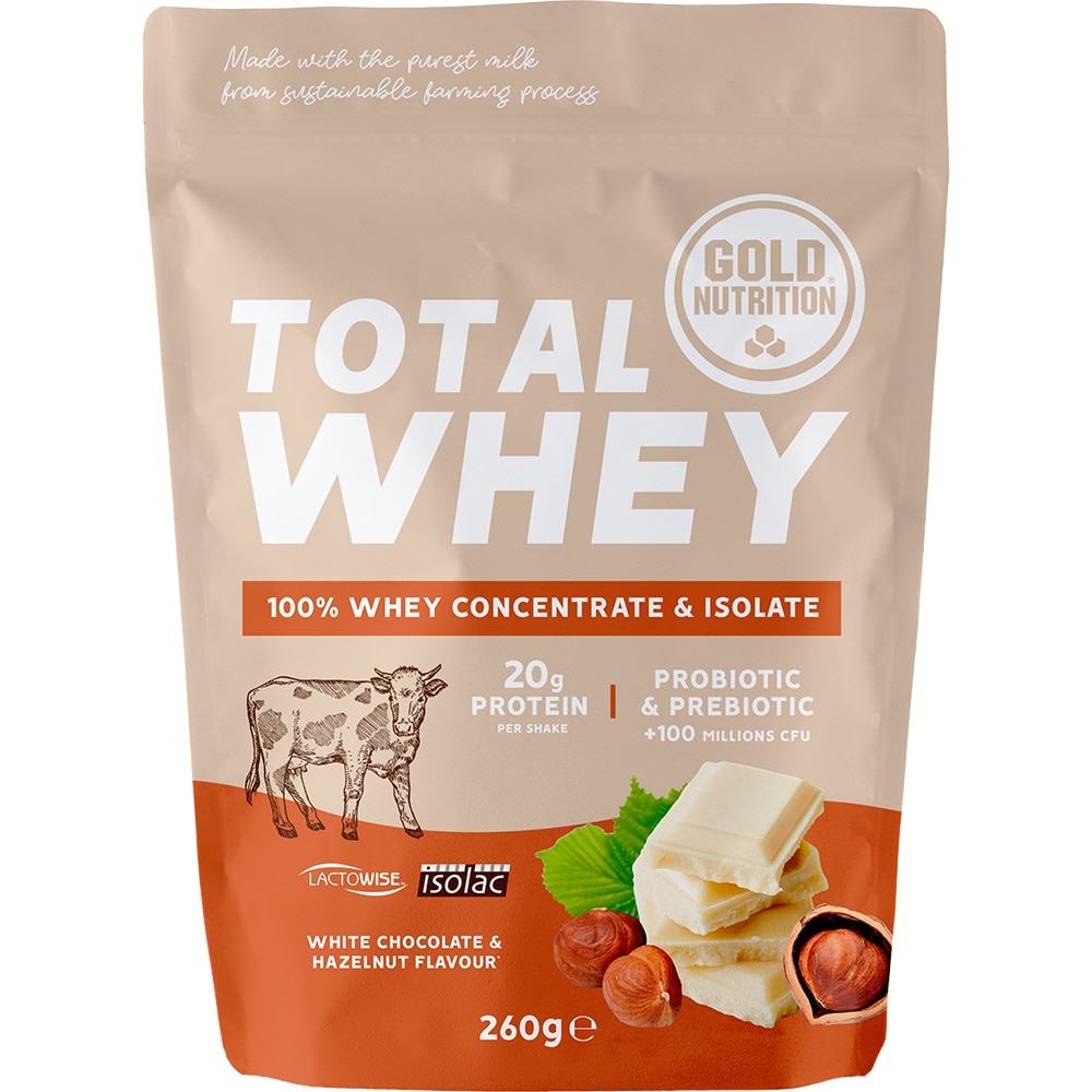 Pudra proteica Total Whey, ciocolata alba si alune, 260 g, GOLDNUTRITION