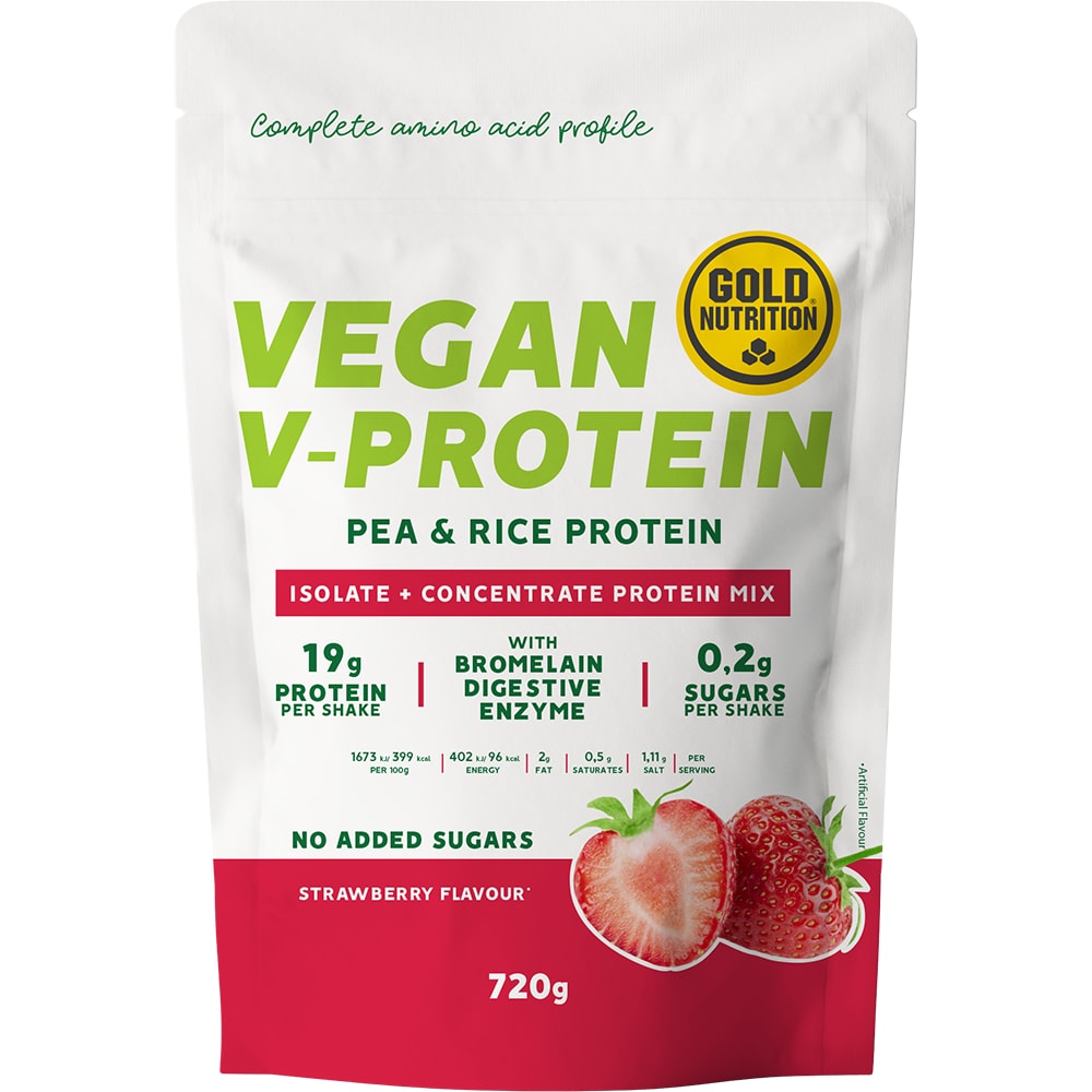 Pudra proteica vegetala V-Protein, capsuni, 720 g, GOLDNUTRITION