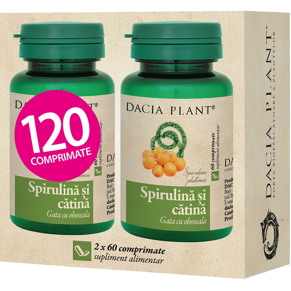 Pachet supliment alimentar Spirulina si Catina, 2 x 60 comprimate, DACIA PLANT