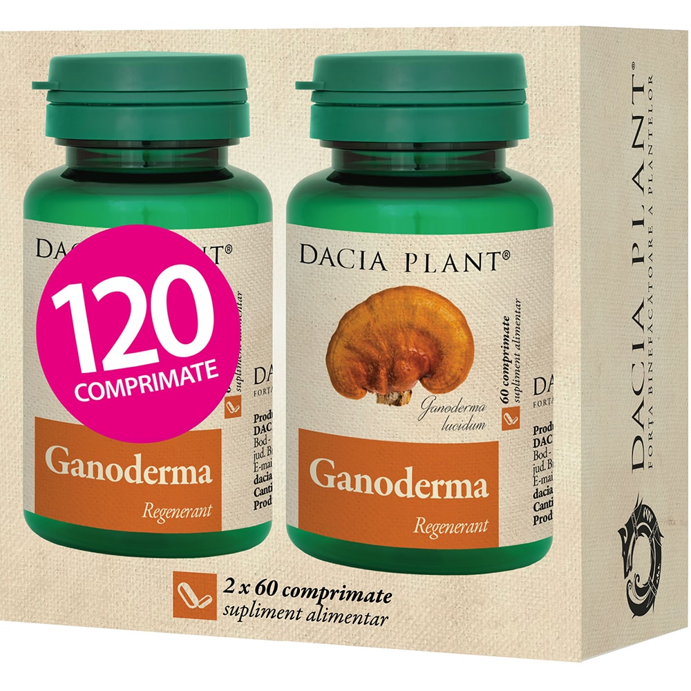 Pachet supliment alimentar Ganoderma, 2 x 60 comprimate, DACIA PLANT