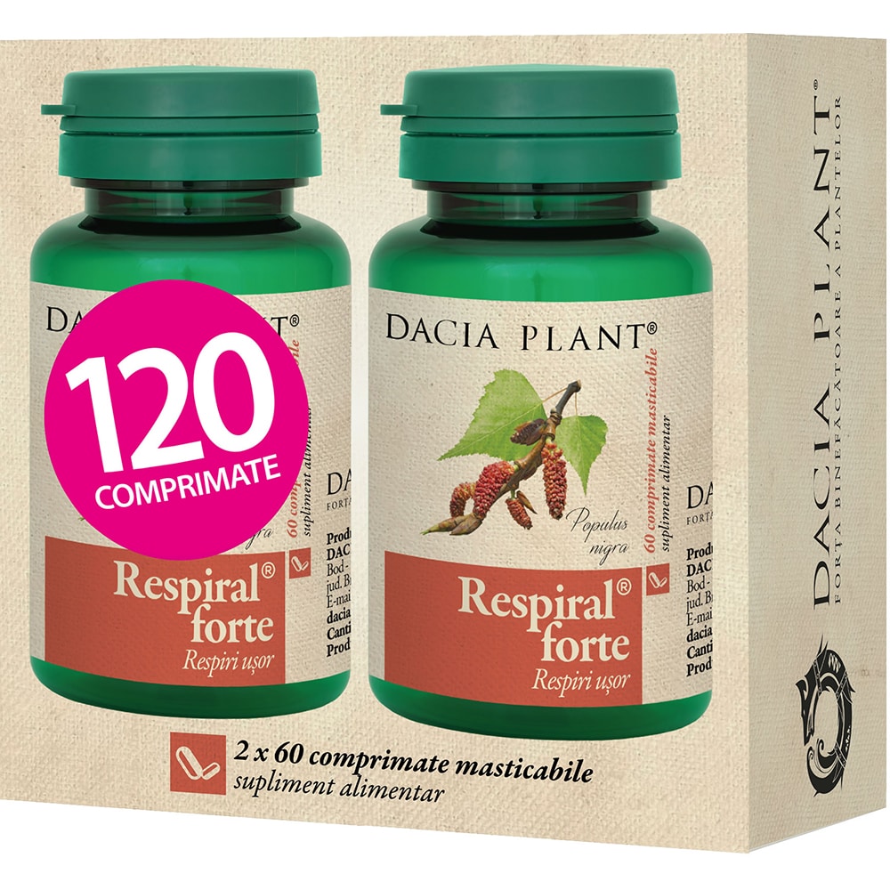 Pachet supliment alimentar Respiral Forte, 2 x 60 comprimate, DACIA PLANT