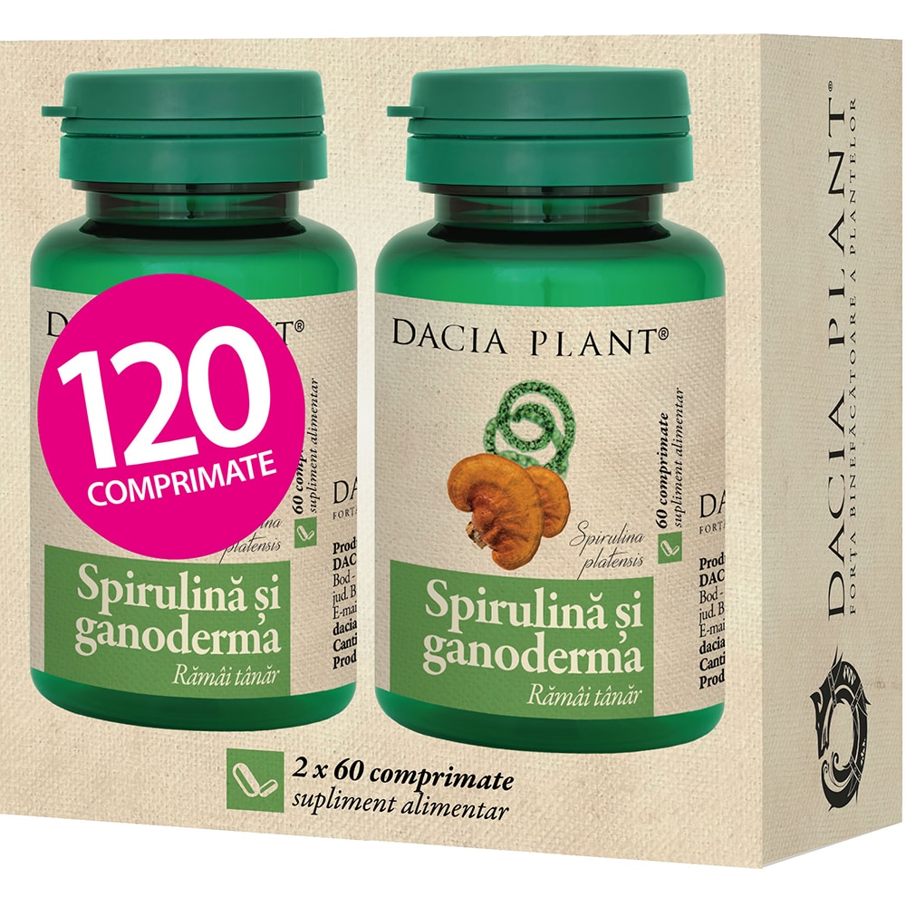 Pachet supliment alimentar Spirulina si Ganoderma, 2 x 60 comprimate, DACIA PLANT