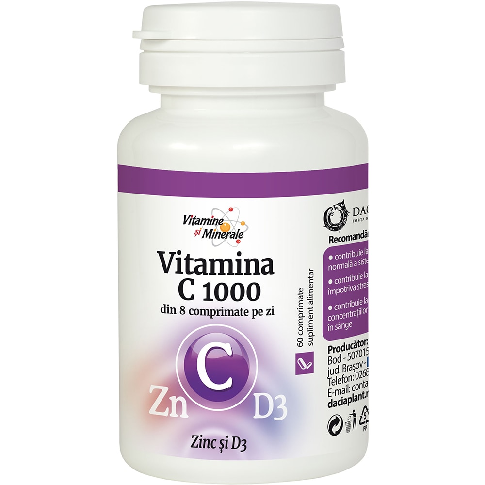 Supliment alimentar Vitamina C 1000 cu Zinc si D3, 60 comprimate, DACIA PLANT