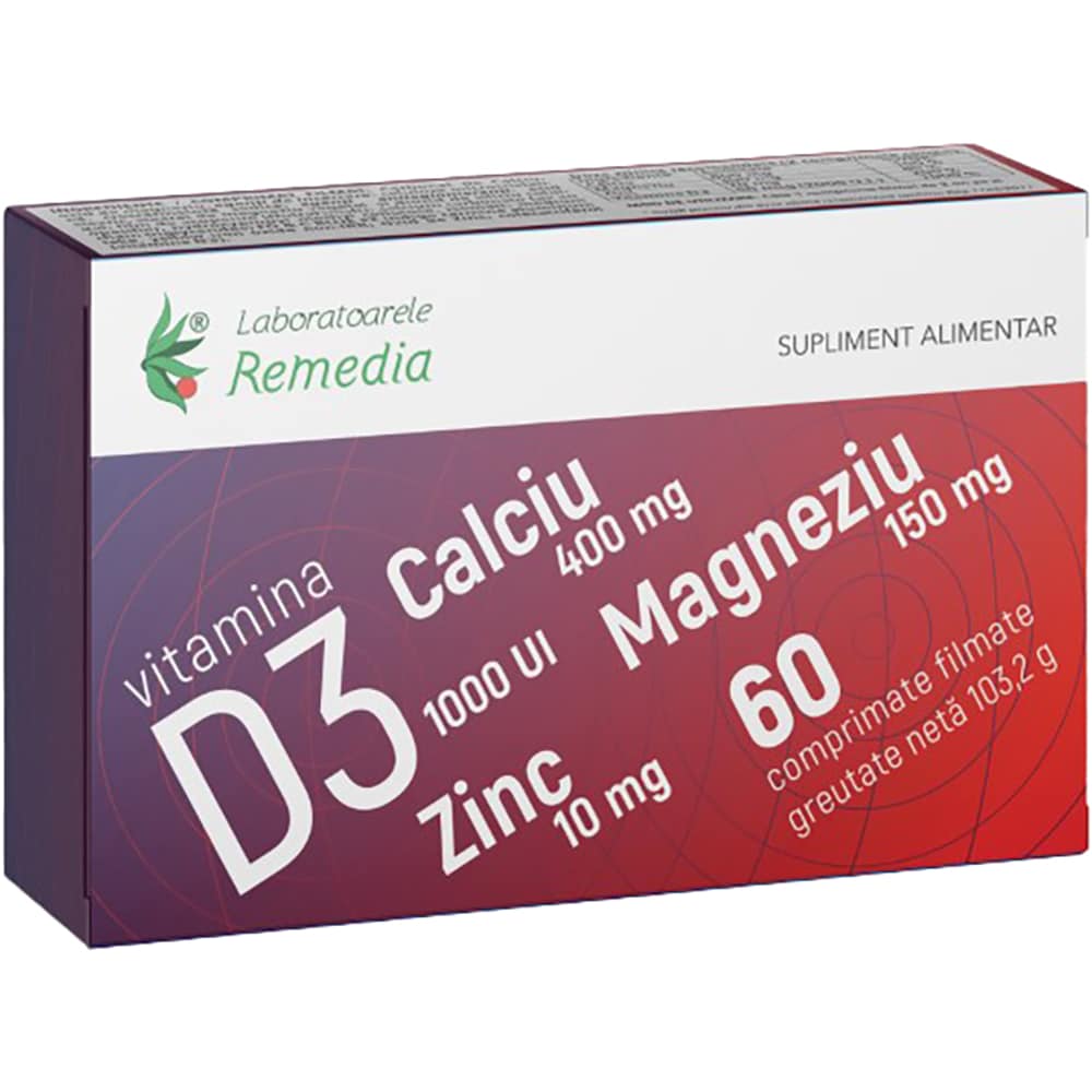 Supliment Ca+Mg+Zn+D3, 60 comprimate, LABORATOARELE REMEDIA