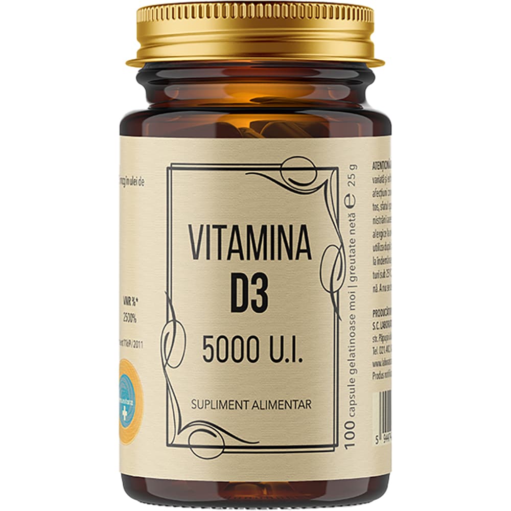 Supliment alimentar Vitamina D3 5000UI, 100 capsule moi, LABORATOARELE REMEDIA