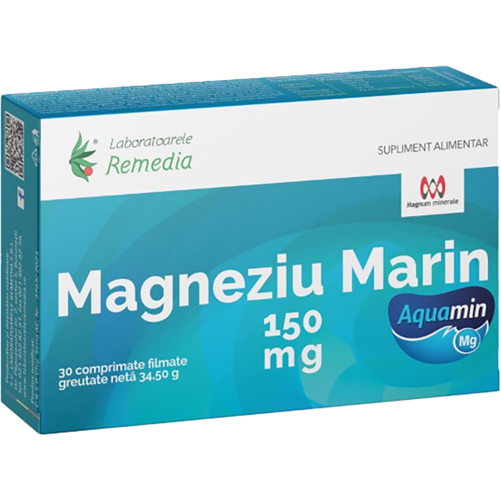 Supliment alimentar Magneziu Marin 150 mg, 30 comprimate filmate, LABORATOARELE REMEDIA