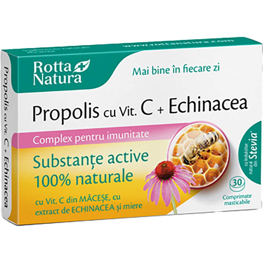Supliment Propolis + Vitamina C naturala + Extr.Echinacea si Miere, 30 comprimate masticabile, ROTTA NATURA