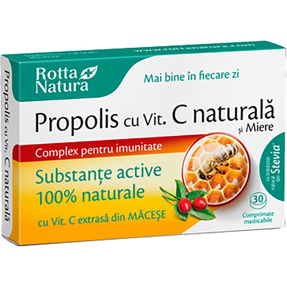 Supliment Propolis + Vitamina C naturala si Miere, 30 comprimate masticabile, ROTTA NATURA