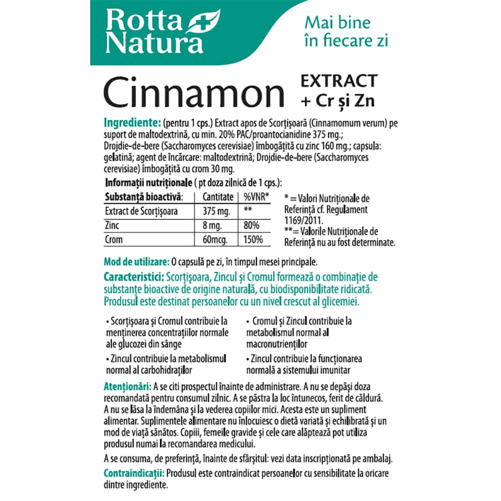 Supliment Cinnamon Extract + Crom si Zinc, 30 capsule, ROTTA NATURA