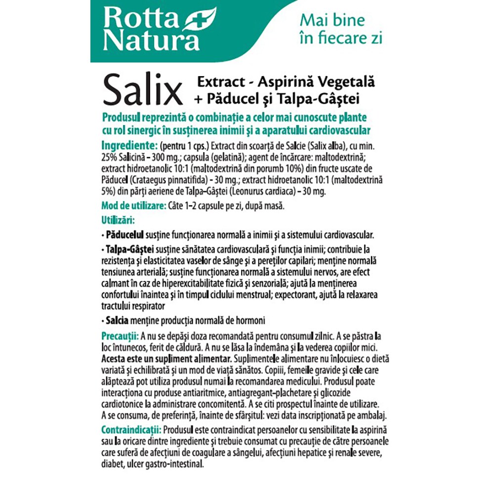 Supliment Salix Extract + Paducel si Talpa Gastei, 30 capsule, ROTTA NATURA