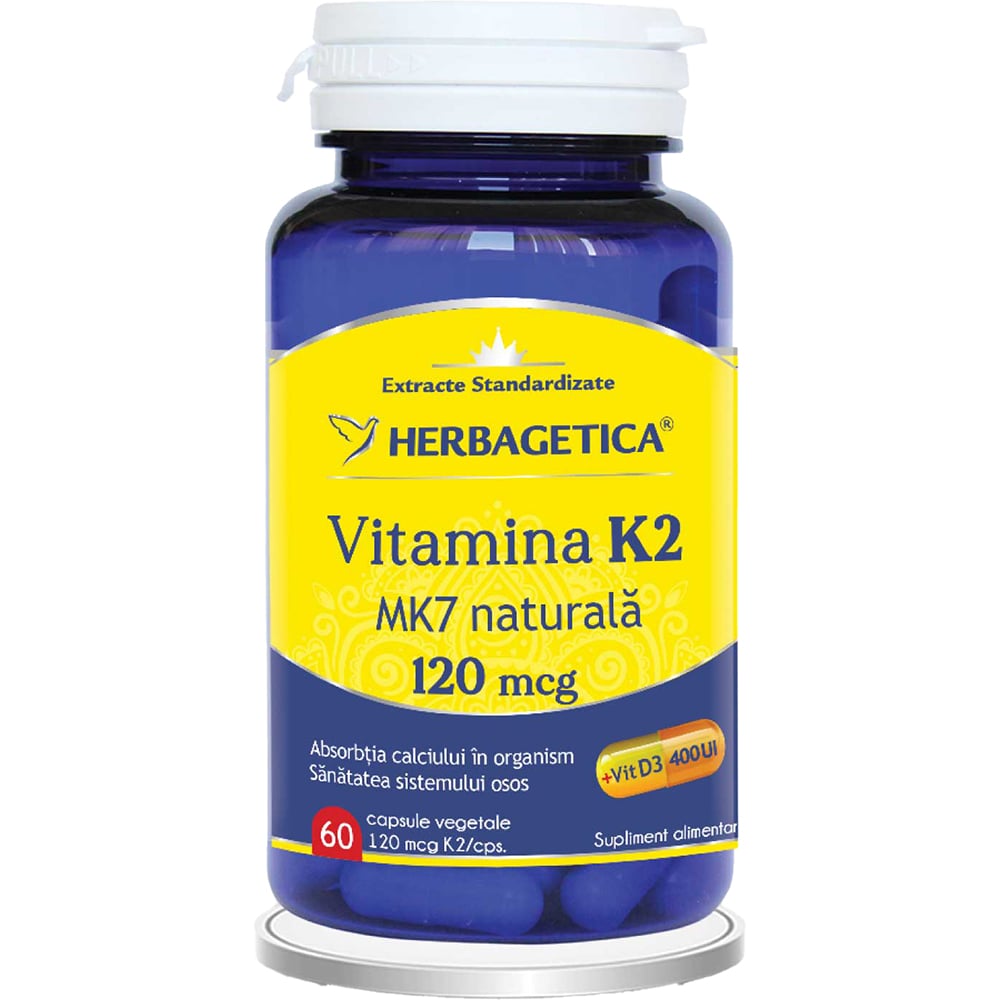Supliment Vitamina K2 MK7 Naturala 120 mcg, 60 capsule, HERBAGETICA