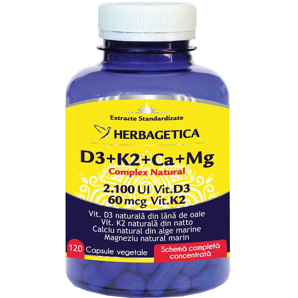 Supliment alimentar D3+K2+CA+Mg Complex Natural, 120 capsule vegetale, HERBAGETICA