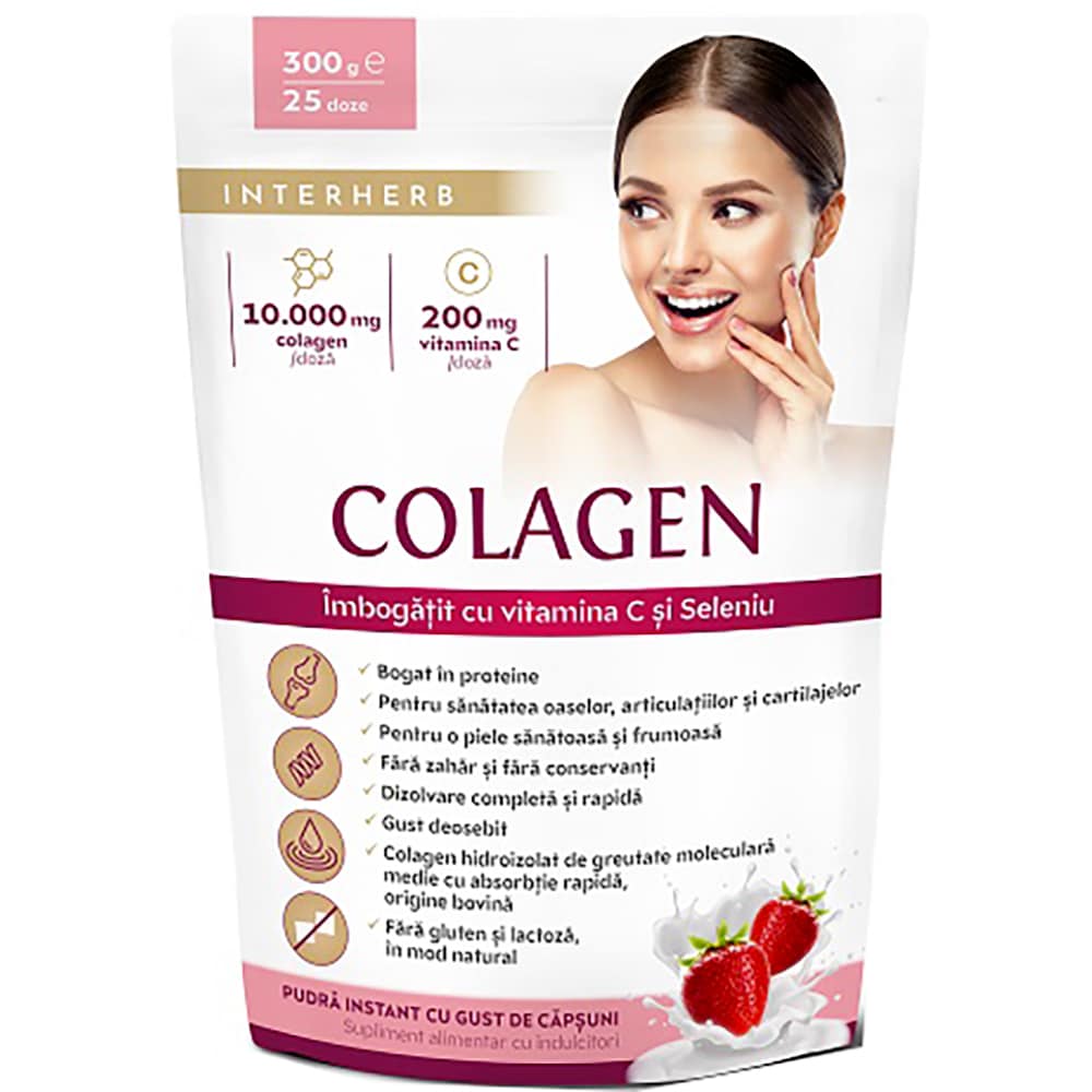 Colagen pudra 10.000 mg Vitamina C si Seleniu cu aroma de capsuni, 300 g, INTERHERB