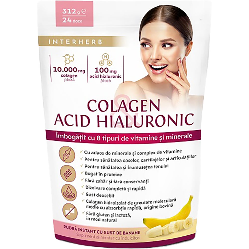Colagen pudra 10.000 mg, Acid Hialuronic 100 mg cu aroma de banane, 312 g, INTERHERB