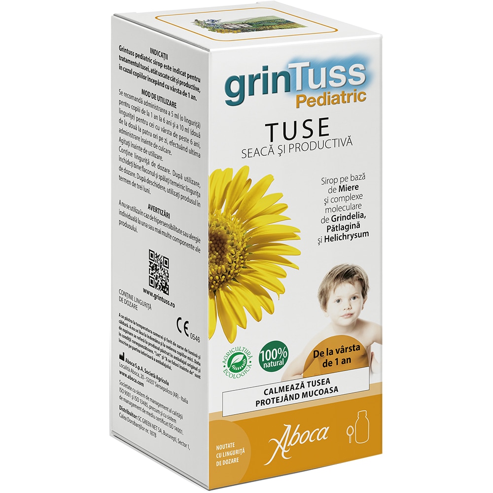 Supliment alimentar Sirop GrinTuss pediatric tuse seaca si productiva, 180 gr, ABOCA