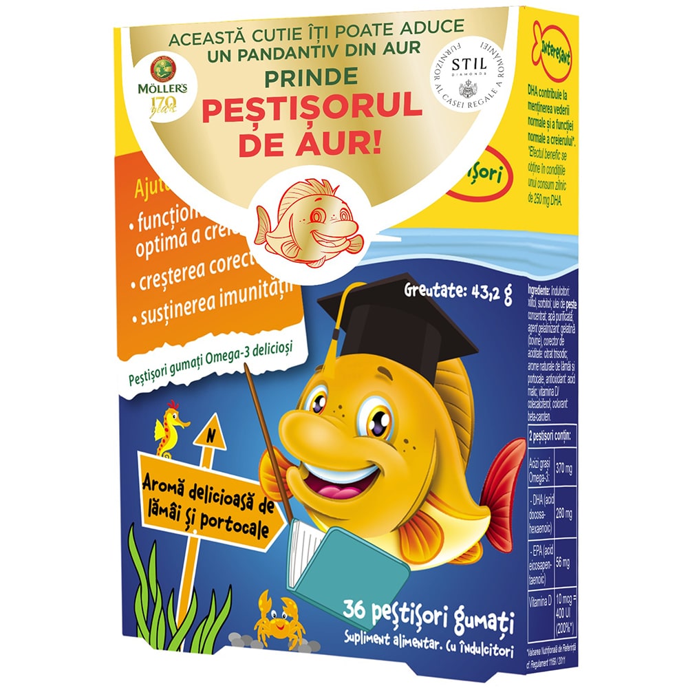 Supliment alimentar Pestisori gumati cu Omega 3, aroma de portocale, 36 jeleuri, MOLLERS