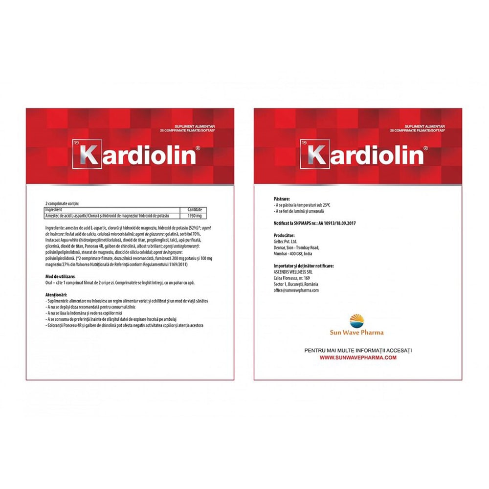 Supliment alimentar Kardiolin, 28 comprimate filmate, SUN WAVE PHARMA