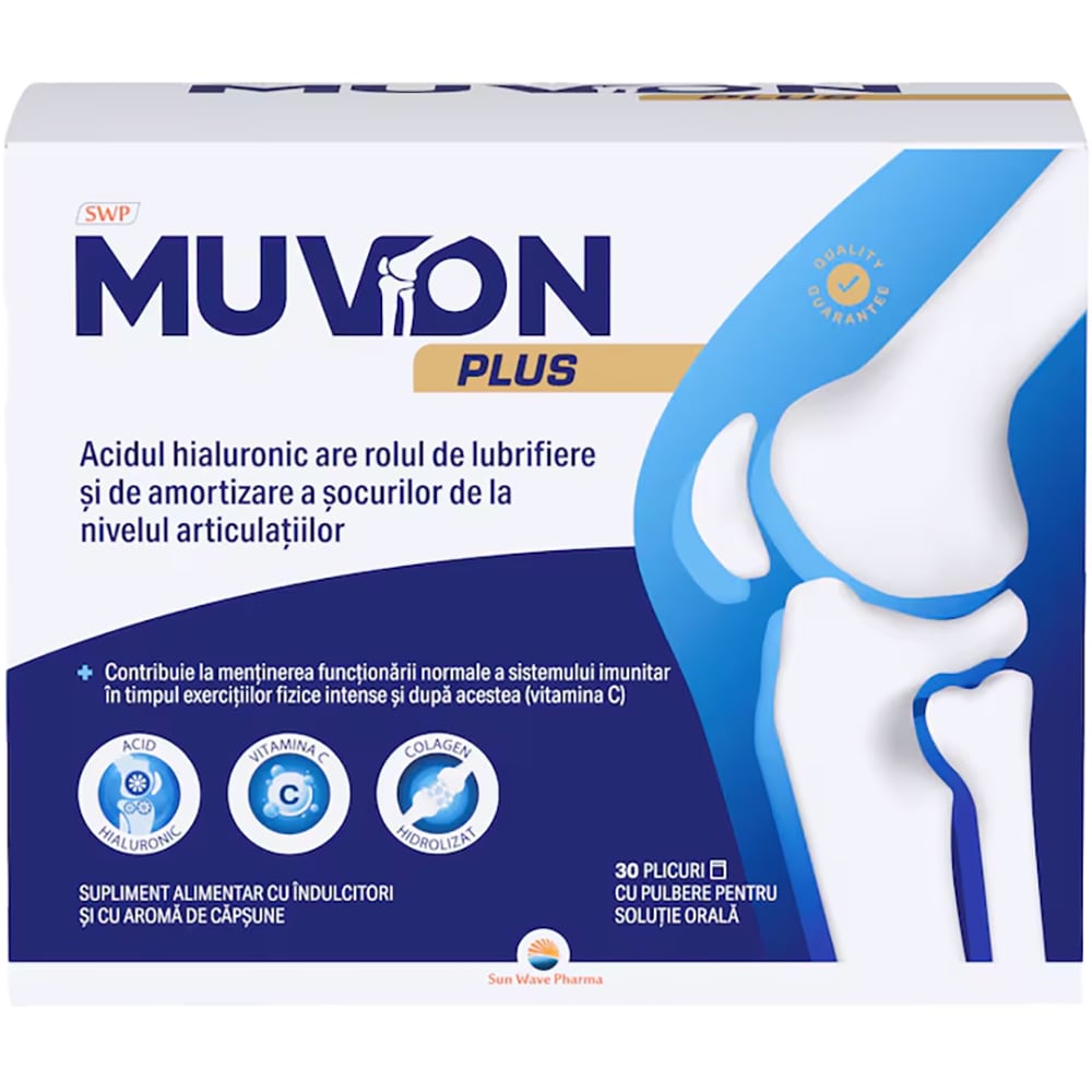 Supliment alimentar Muvon Plus, Colagen hidrolizat + Acid hialuronic si Vit C, 30 plicuri, SUN WAVE PHARMA