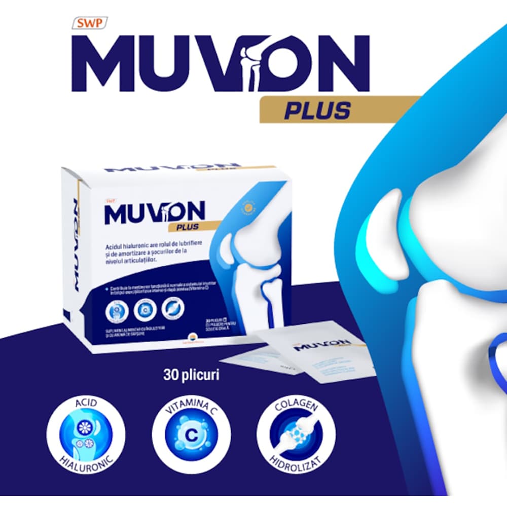 Supliment alimentar Muvon Plus, Colagen hidrolizat + Acid hialuronic si Vit C, 30 plicuri, SUN WAVE PHARMA