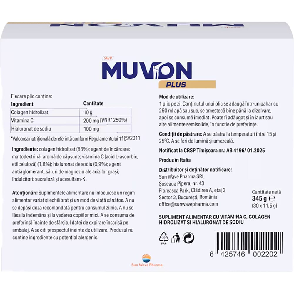 Supliment alimentar Muvon Plus, Colagen hidrolizat + Acid hialuronic si Vit C, 30 plicuri, SUN WAVE PHARMA