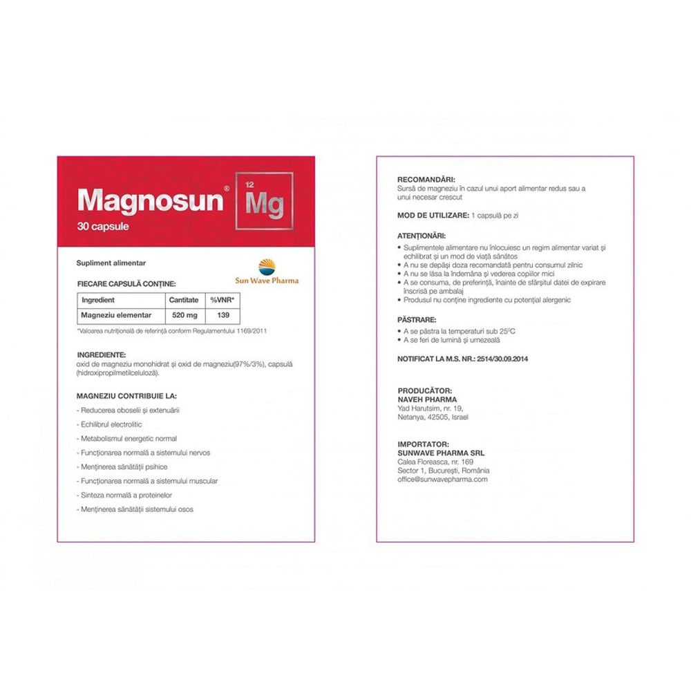Supliment alimentar Magnosun, 30 capsule, SUN WAVE PHARMA