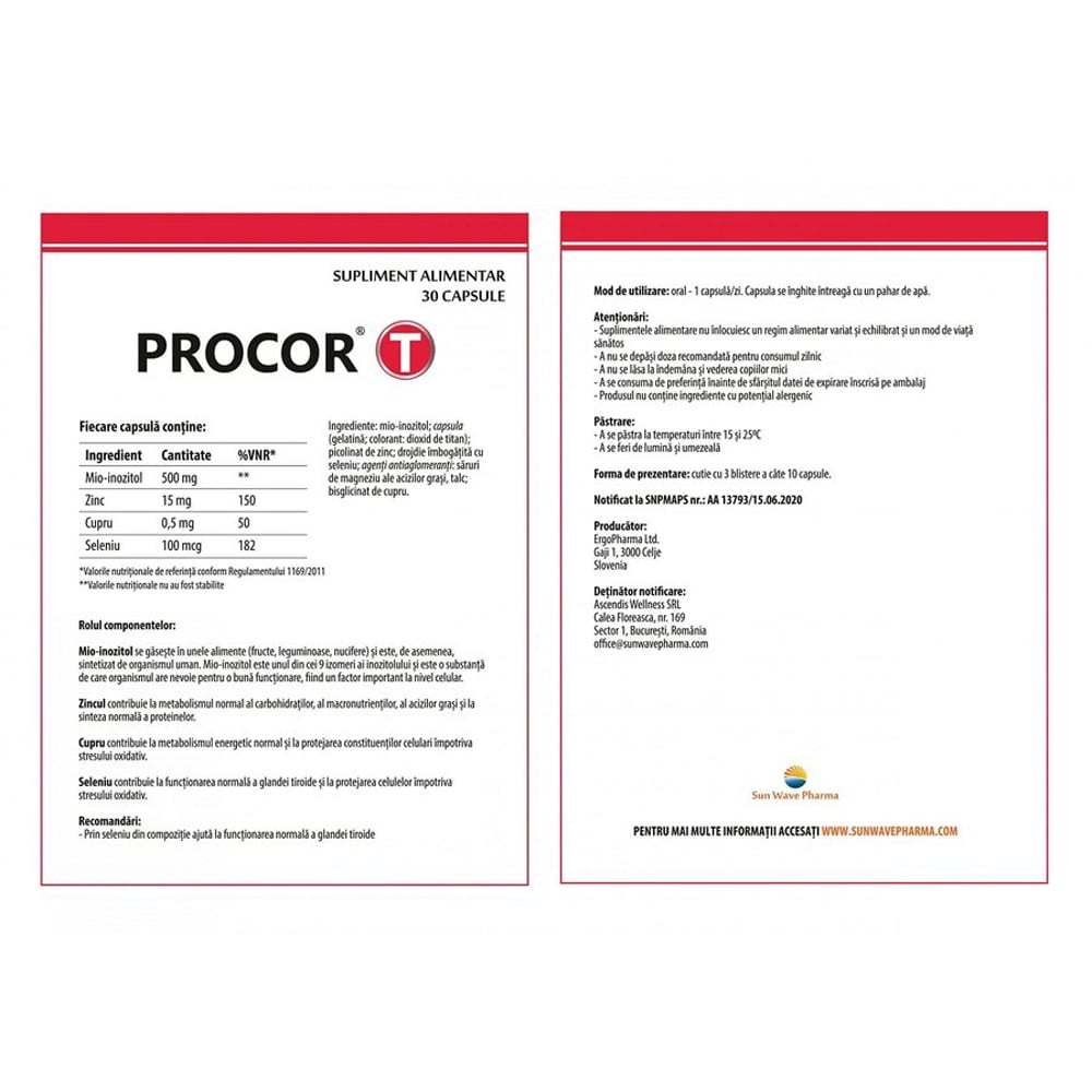 Supliment alimentar Procor T,  30 capsule, SUN WAVE PHARMA