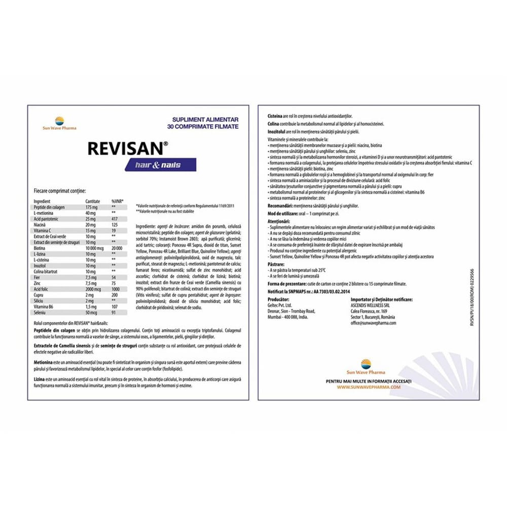 Supliment alimentar Revisan Hair & Nail, 30 comprimate filmate, SUN WAVE PHARMA