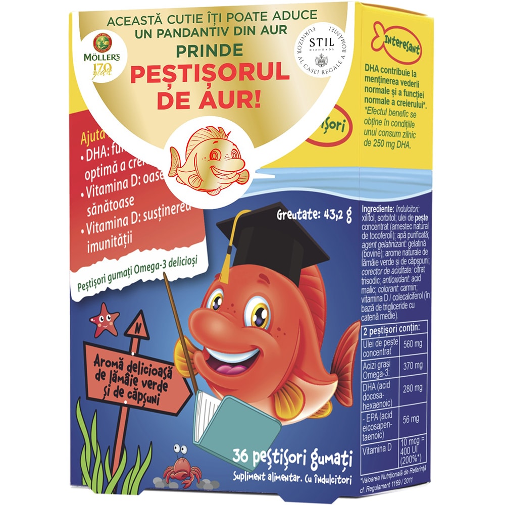 Supliment alimentar Pestisori gumati cu Omega 3, aroma de capsuni, 36 jeleuri, MOLLERS