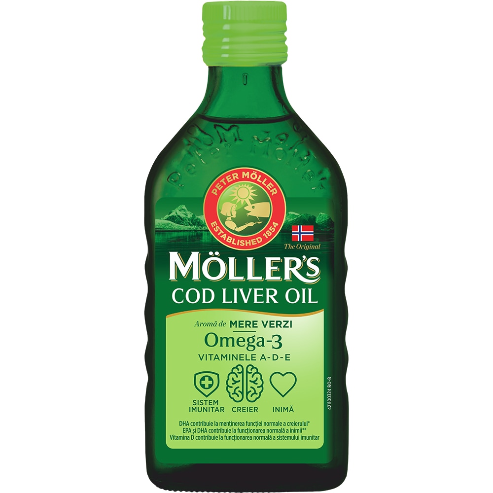 Supliment alimentar Omega 3 Ulei ficat de cod cu aroma de mere verzi, 250 ml, MOLLERS