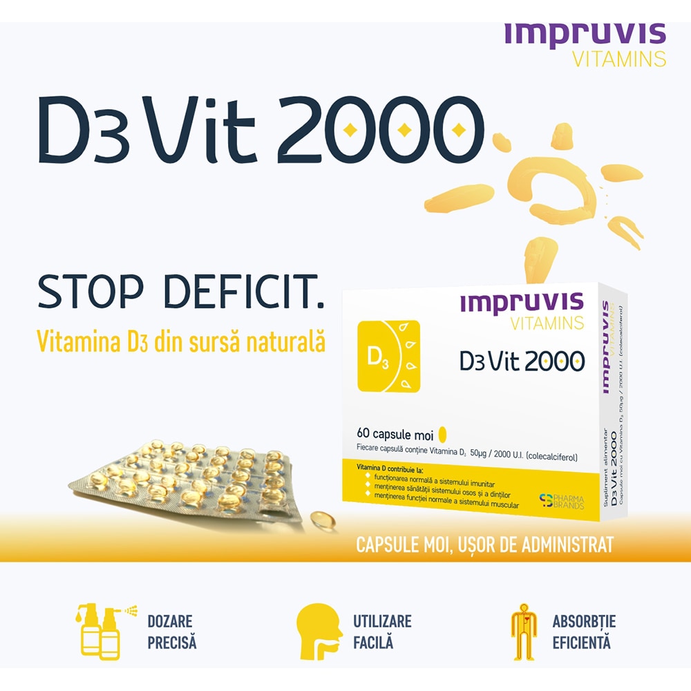 Supliment alimentar Impruvis D3 Vit 2000, 60 capsule moi, PHARMA BRANDS