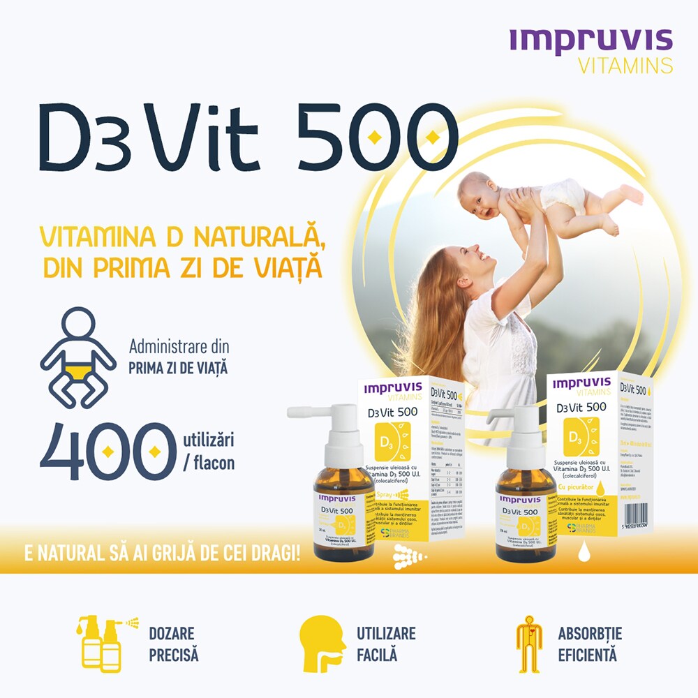 Impruvis D3 Vit 500 Suspensie uleioasa cu picurator cu Vitamina D3 500 U.I., 20 ml, PHARMA BRANDS