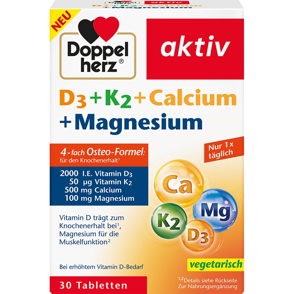 Supliment alimentar D3 + K2 + Calciu + Magneziu, 30 tablete, DOPPELHERTZ
