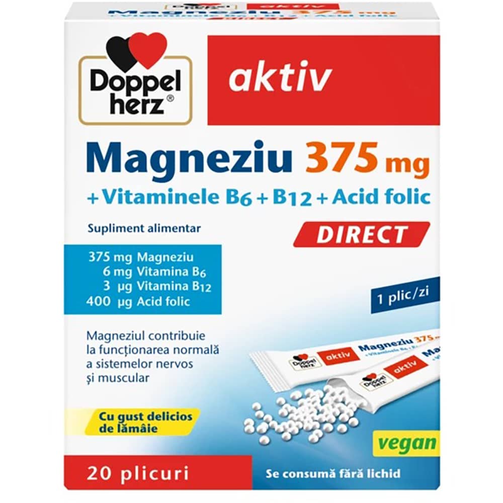 Supliment alimentar Aktiv Magneziu 375mg + B6 + B12 + Acid Folic, 20 plicuri, DOPPELHERZ