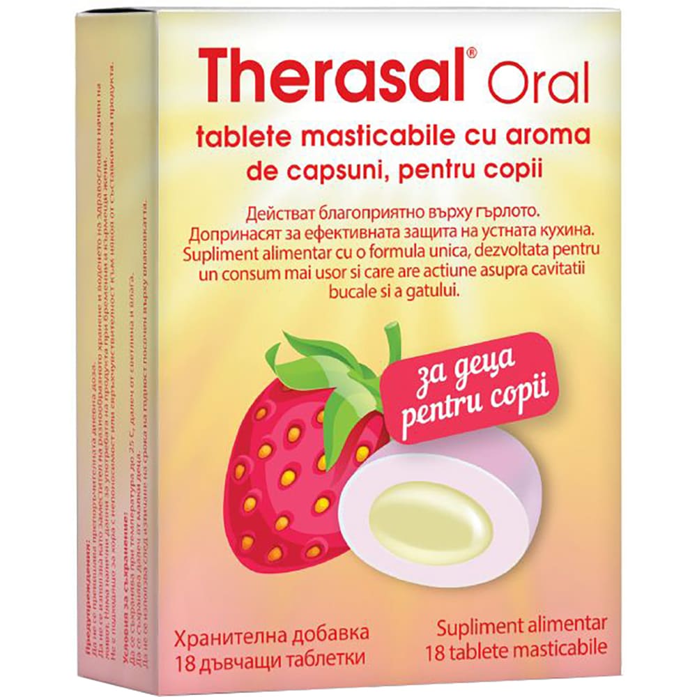Supliment alimentar Therasal Oral pentru copii cu aroma de capsuni, 18 comprimate masticabile, VEDRA