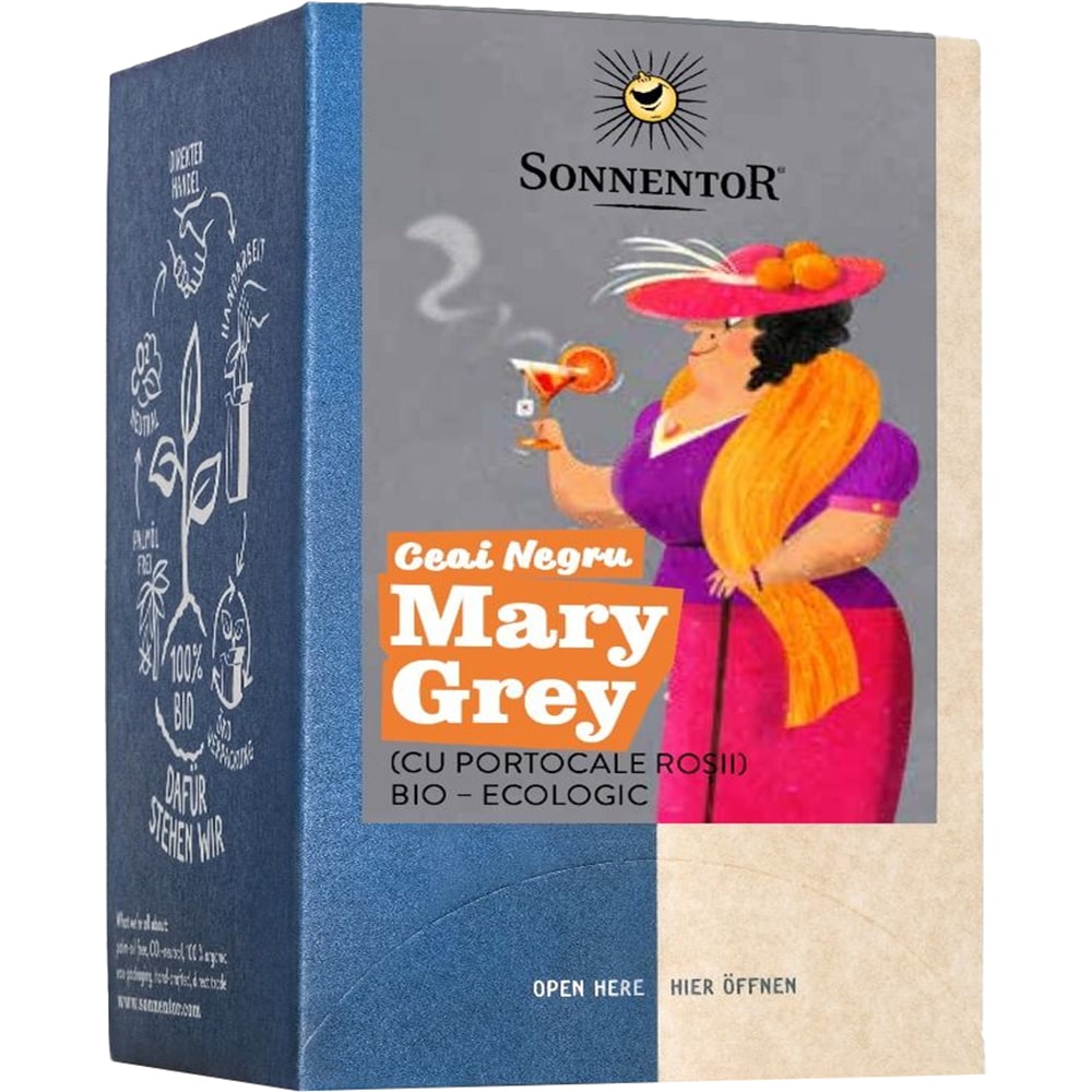 Ceai negru SONNENTOR Mary Grey cu portocale rosii, 18 plicuri 